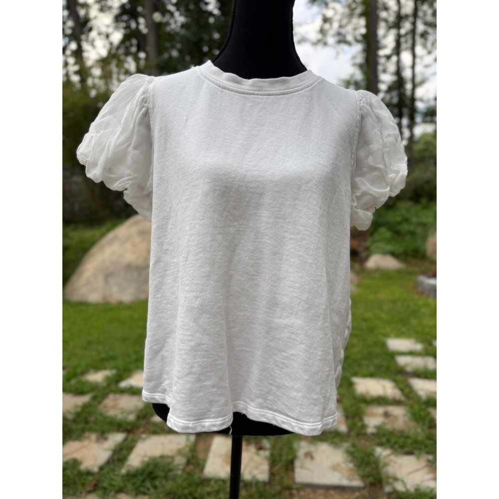 THML White Puff Sleeve French Terry Knit Top Organza Sleeve Size Medium